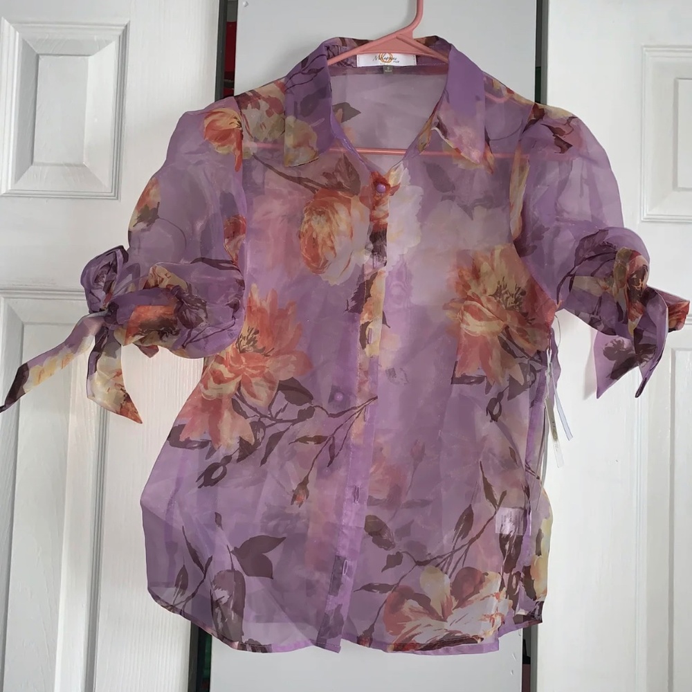Lavender Floral Mesh Puff Sleeve Shirt